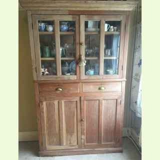 Large English Antique Pine Kitchen Glazed Cupboard.